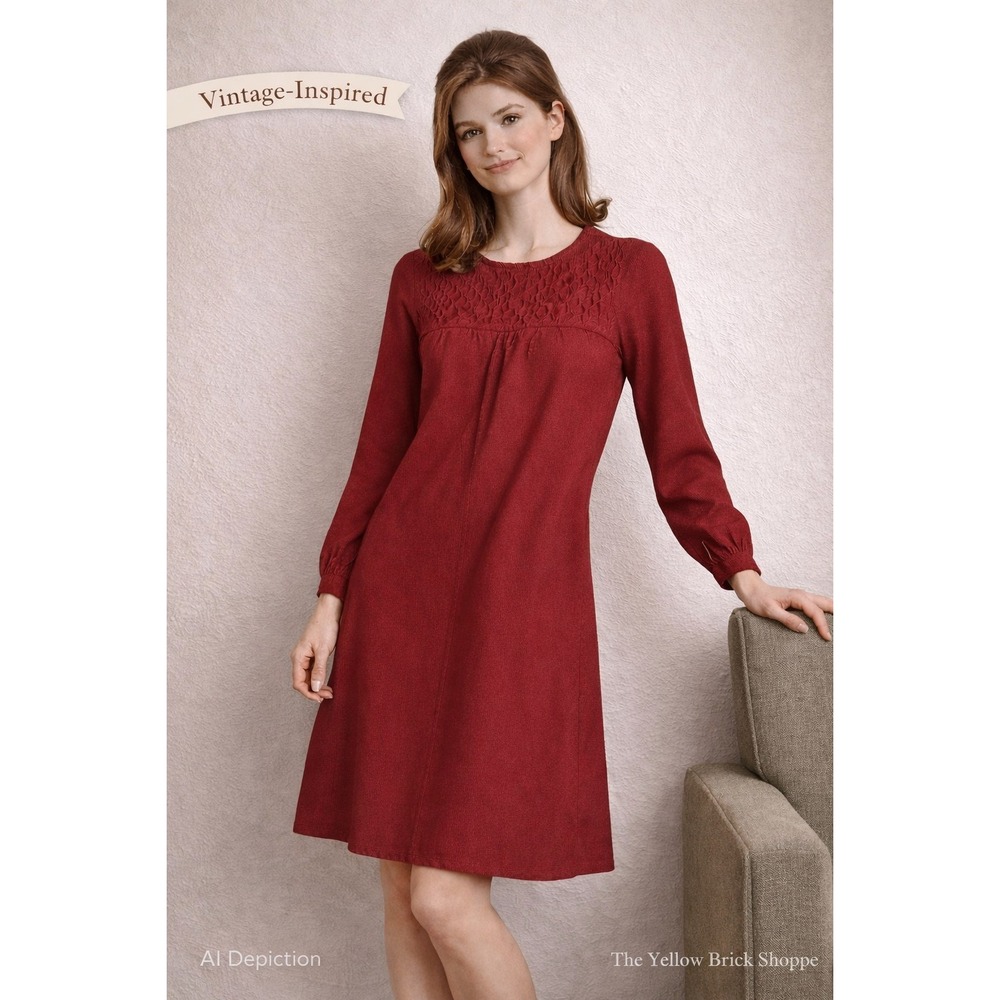 Vintage 1960s Red Wool Dress Smocked Yoke A-Line Lined Long Sleeve‎ - Picture 11 of 11